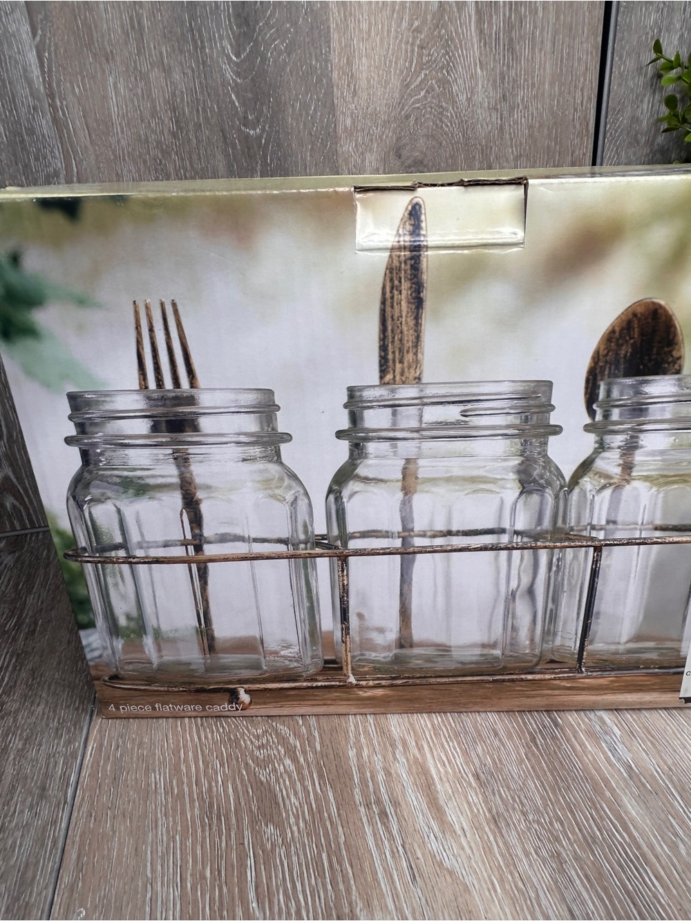 Rustic Flatware Caddy Set – 3 Glass Jars & Metal Rack by Home Essentials NIB - Picture 3 of 4
